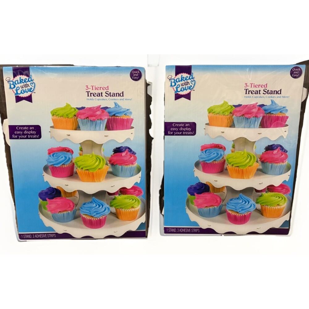 Baked With Love 3 Tier Cupcake Stand Dessert Display Party Treat Holder Lot Of 2